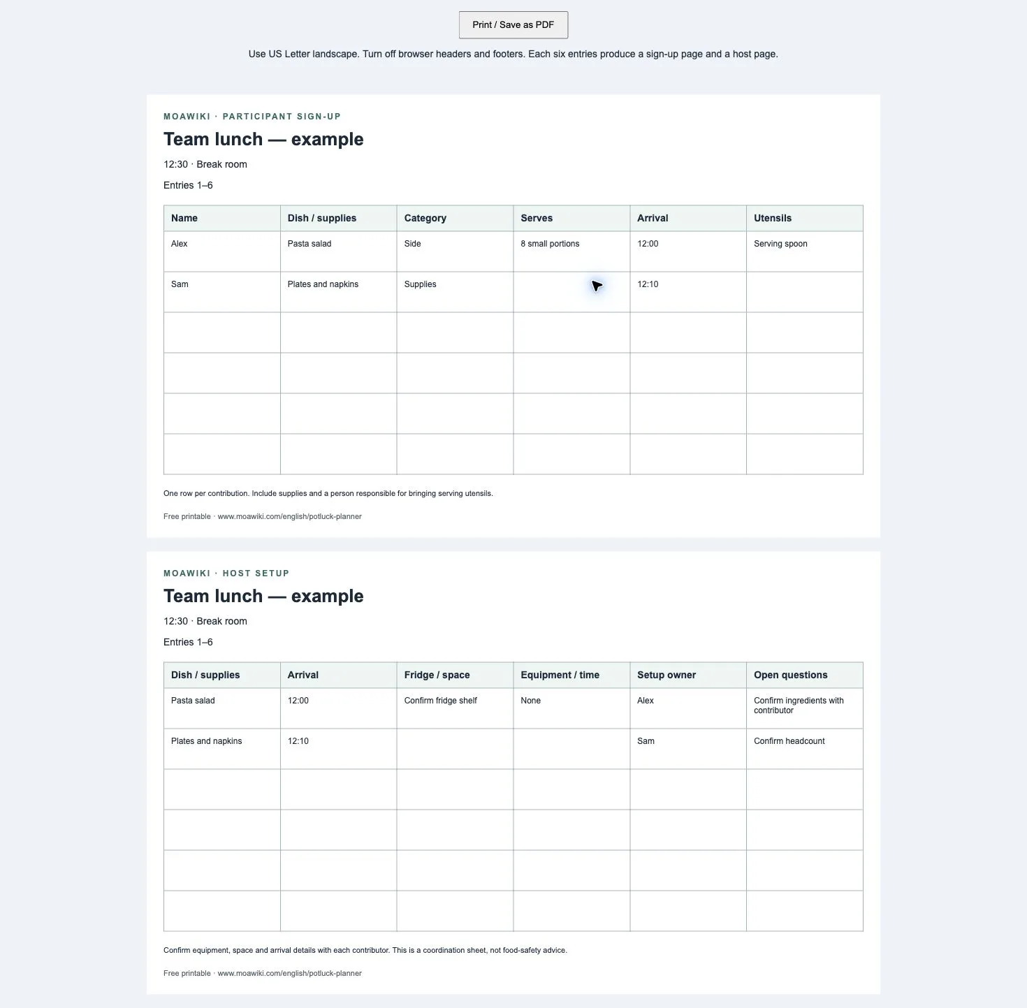 Participant sign-up and host setup pages with fictional team lunch entries
